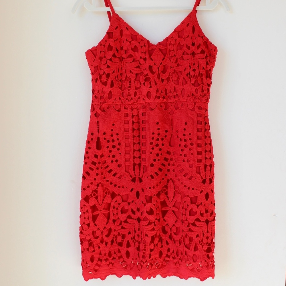 Lulus Perfect Love Red Lace Eyelet Mini Dress Size Small